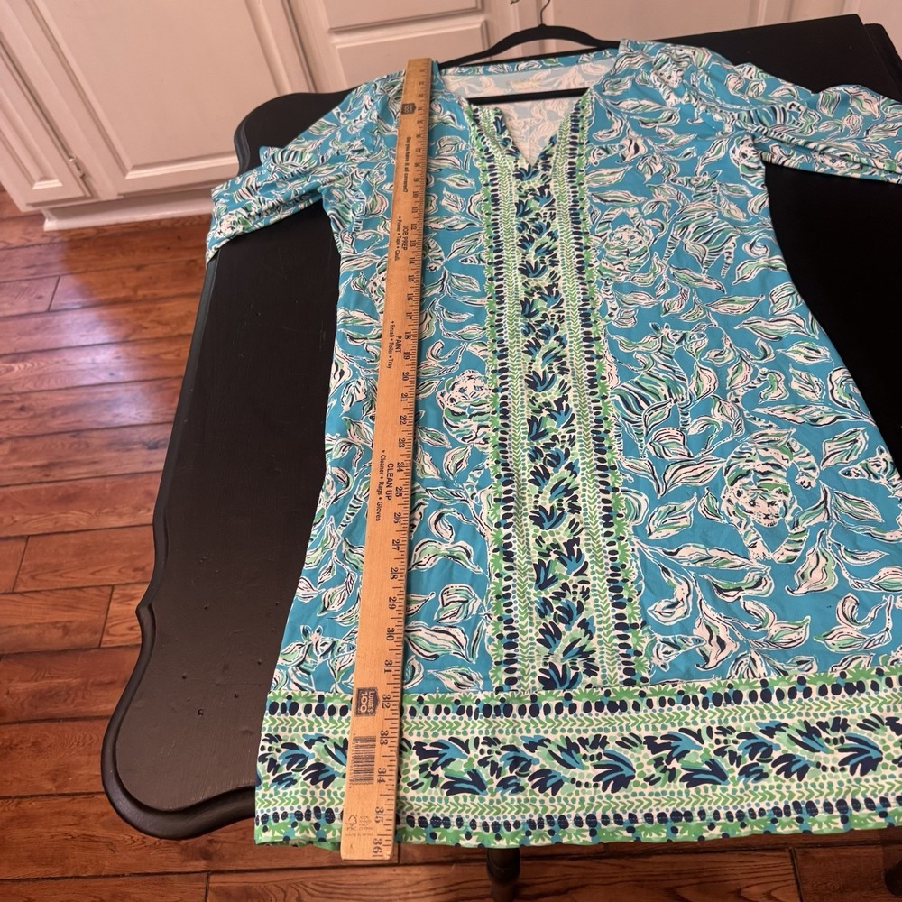 Lilly Pulitzer Nadine Shirtdress Women Sz L Blue Green Floral Animal Split Neck - Picture 4 of 7